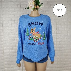 Rudolph XL Blue Pajama Top Soft Cozy Sleepwear Long Sleeve Lounge Shirt